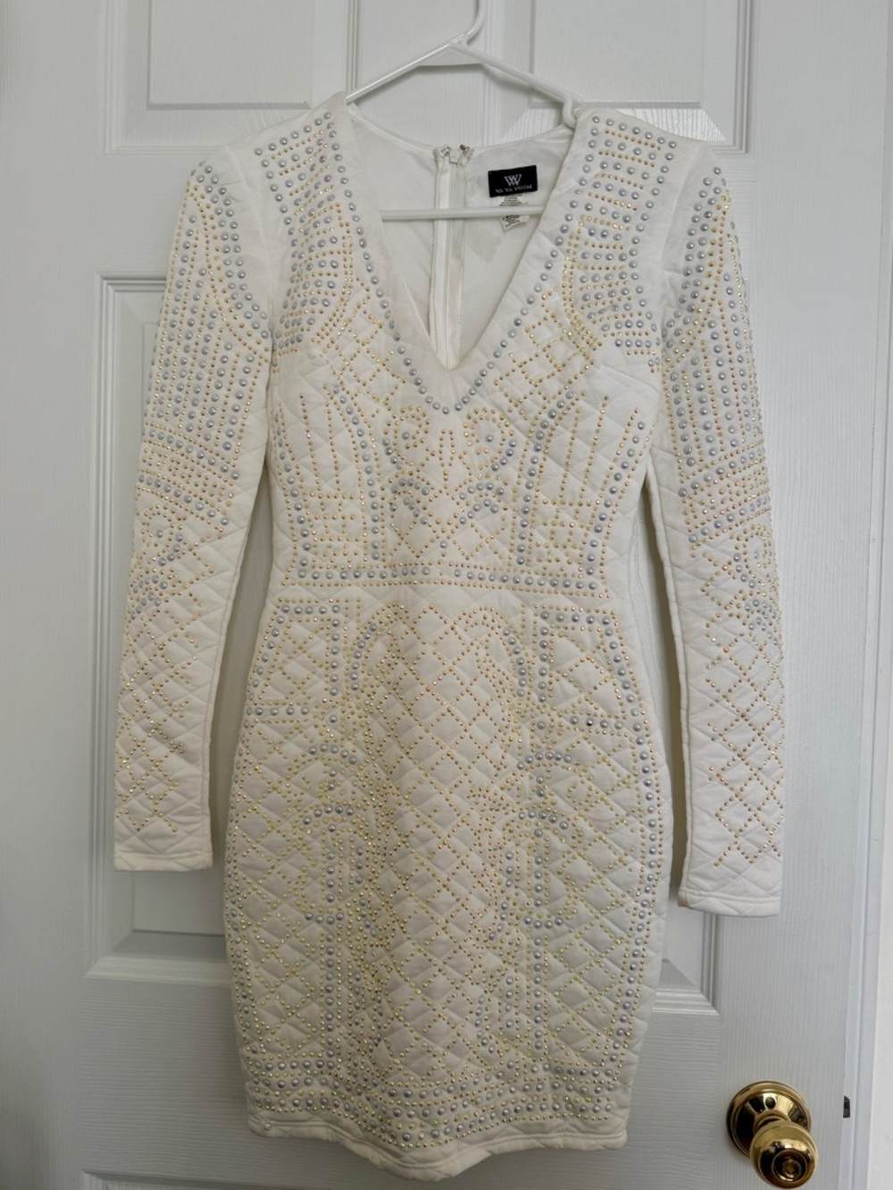White Long Sleeve Embellished Bodycon Dress